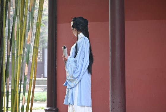 古装历史剧精美服化道近景，演员身着精致汉服在古典宫廷庭院中对话，光影细腻画质清晰