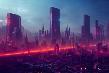 科幻悬疑电影海报，未来感十足的城市轮廓在云雾中若隐若现，色调深蓝冷峻